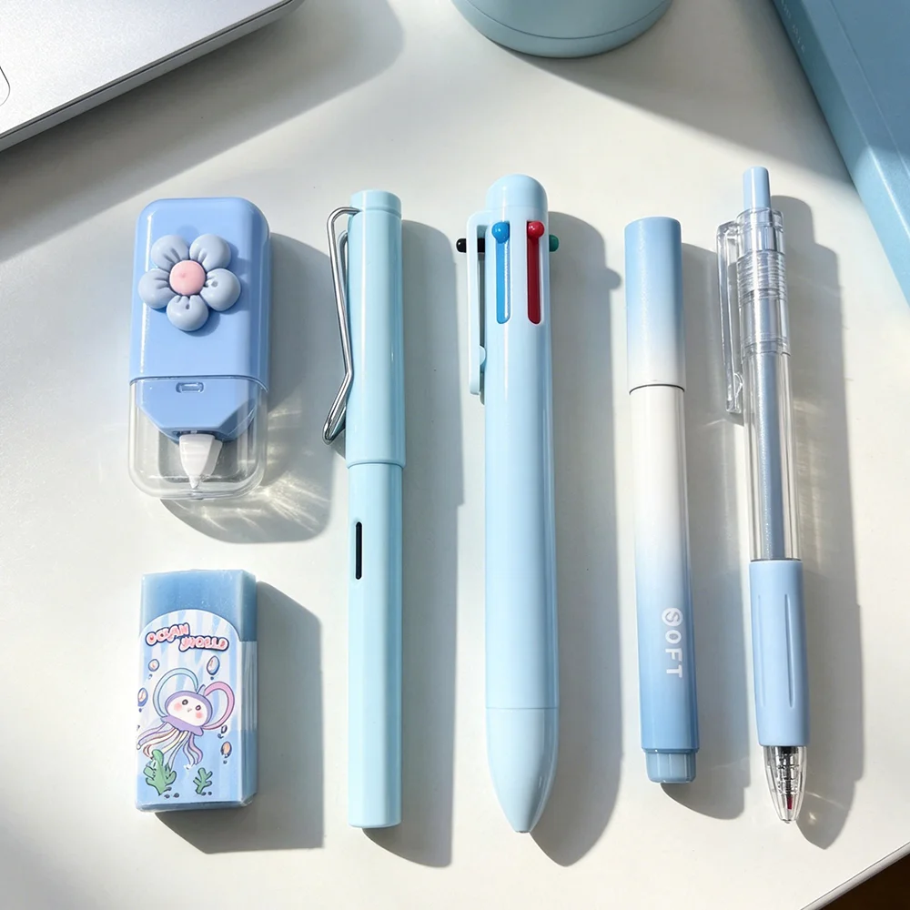 6PCS Blue Stationery Bundle, Includes Correction Tape, Eraser, Pencil, Highlighter, Ballpoint Pen for School & Office thumbnail 2