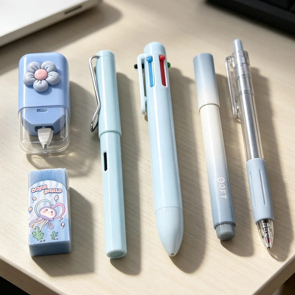 6PCS Blue Stationery Bundle, Includes Correction Tape, Eraser, Pencil, Highlighter, Ballpoint Pen for School & Office thumbnail 5