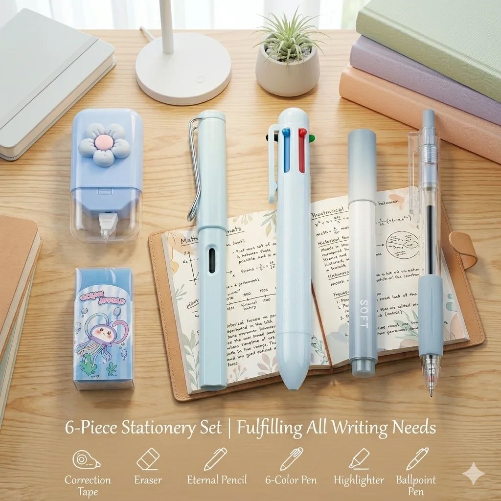 6PCS Blue Stationery Bundle, Includes Correction Tape, Eraser, Pencil, Highlighter, Ballpoint Pen for School & Office thumbnail 3