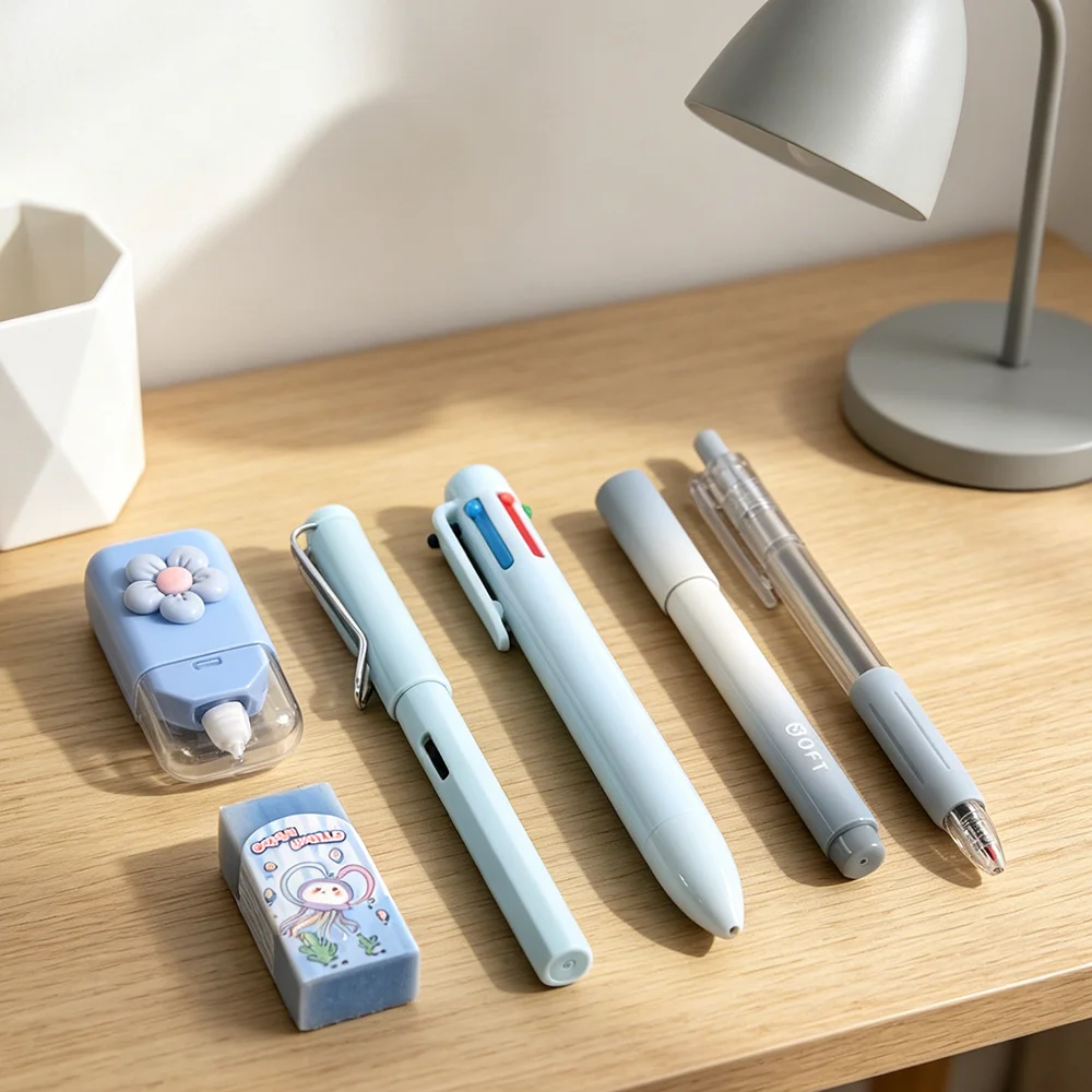 6PCS Blue Stationery Bundle, Includes Correction Tape, Eraser, Pencil, Highlighter, Ballpoint Pen for School & Office thumbnail 6