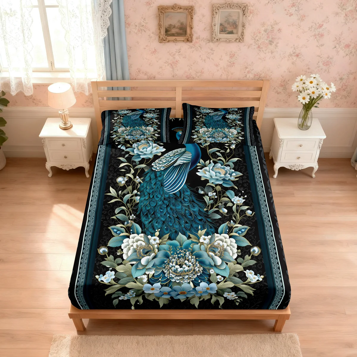 3pcs Floral Peacock Print Chipless Bed Sheet Set, Multi Size Soft Bed Cover, Bedroom Bedding Decoration