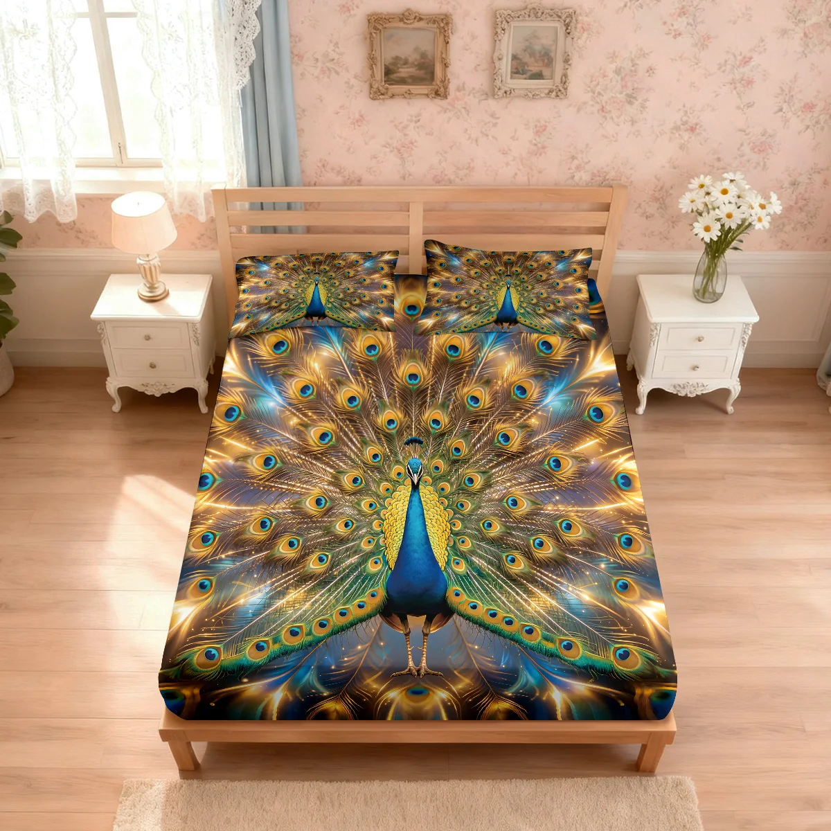 3pcs Floral Peacock Print Chipless Bed Sheet Set, Multi Size Soft Bed Cover, Bedroom Bedding Decoration thumbnail 4