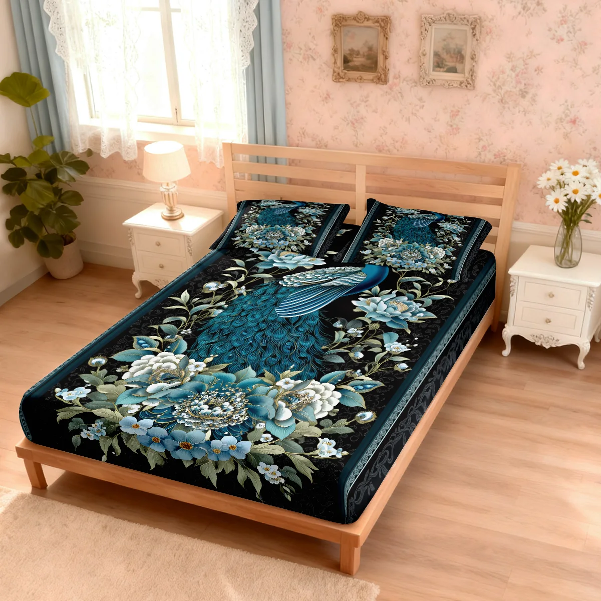 3pcs Floral Peacock Print Chipless Bed Sheet Set, Multi Size Soft Bed Cover, Bedroom Bedding Decoration thumbnail 2