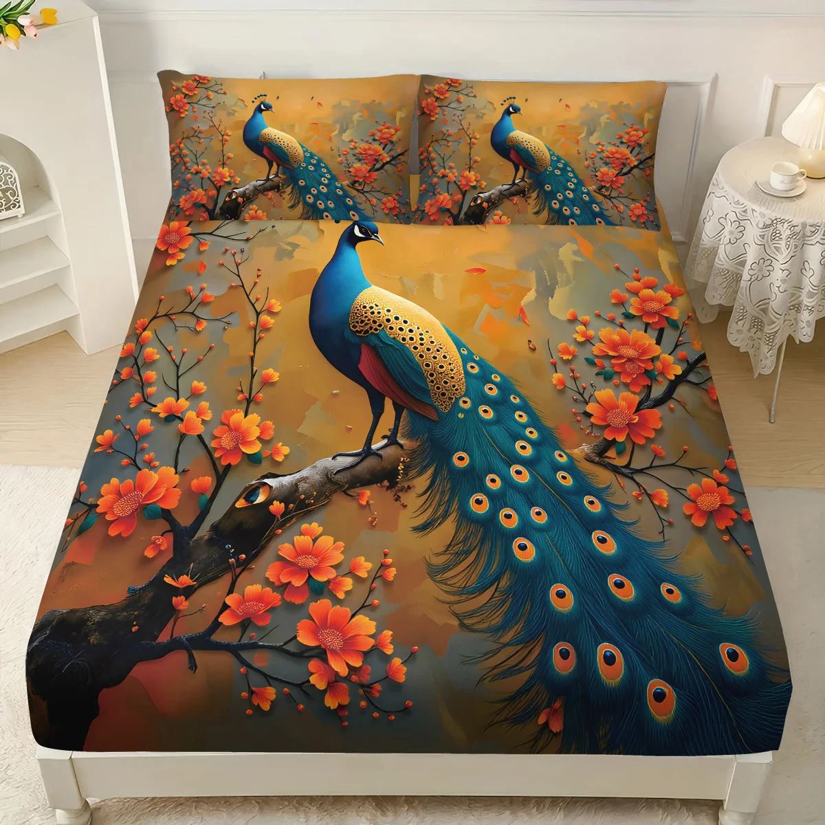 3pcs Floral Peacock Print Chipless Bed Sheet Set, Multi Size Soft Bed Cover, Bedroom Bedding Decoration thumbnail 5