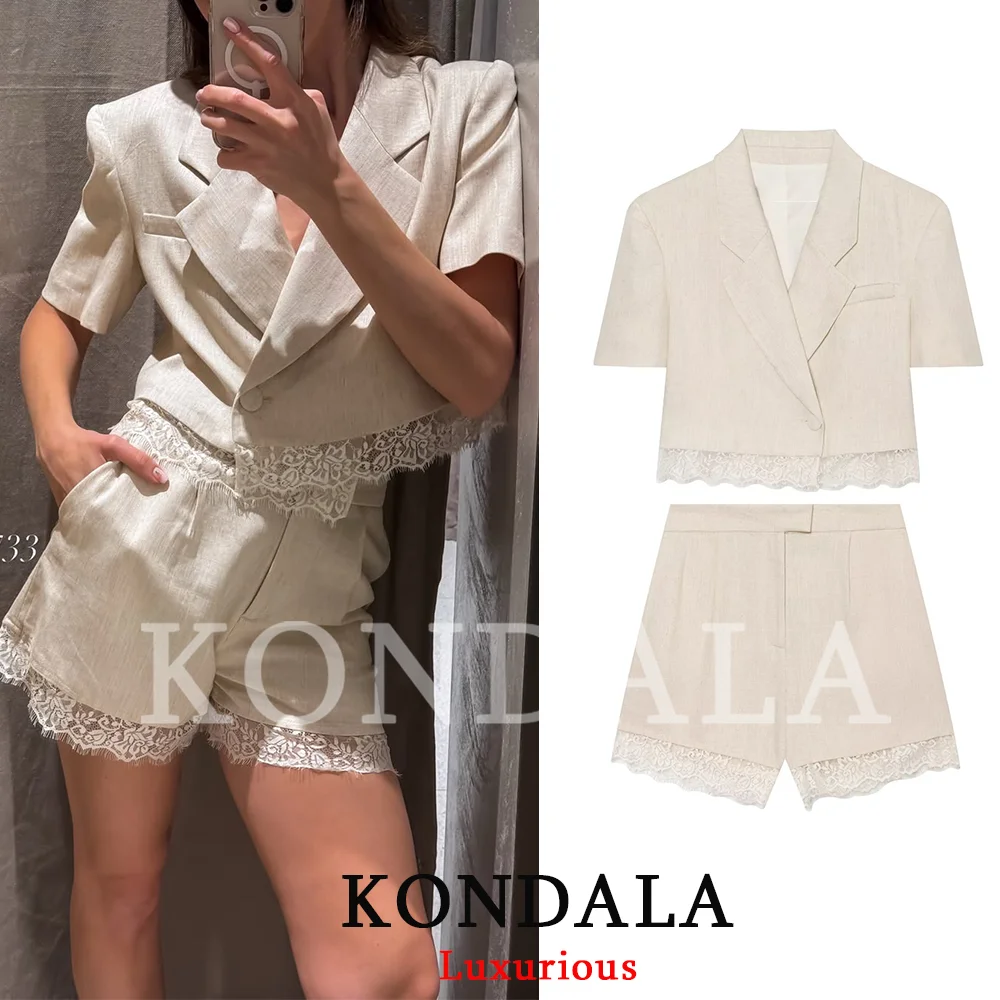 KONDALA Casual Chic Women Solid Suit V Neck Single Button Short Lace Blazer Zipper Pockets Shorts Fashion 2026 Spring Summer Set