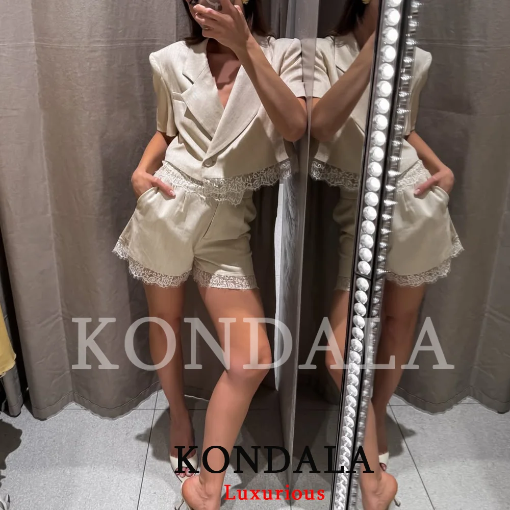 KONDALA Casual Chic Women Solid Suit V Neck Single Button Short Lace Blazer Zipper Pockets Shorts Fashion 2026 Spring Summer Set thumbnail 2