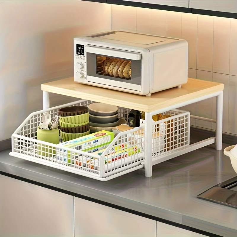 Hardwood Countertop Organizer with Drawer for Coffee Maker - Space-Saving Kitchen Shelf thumbnail 2