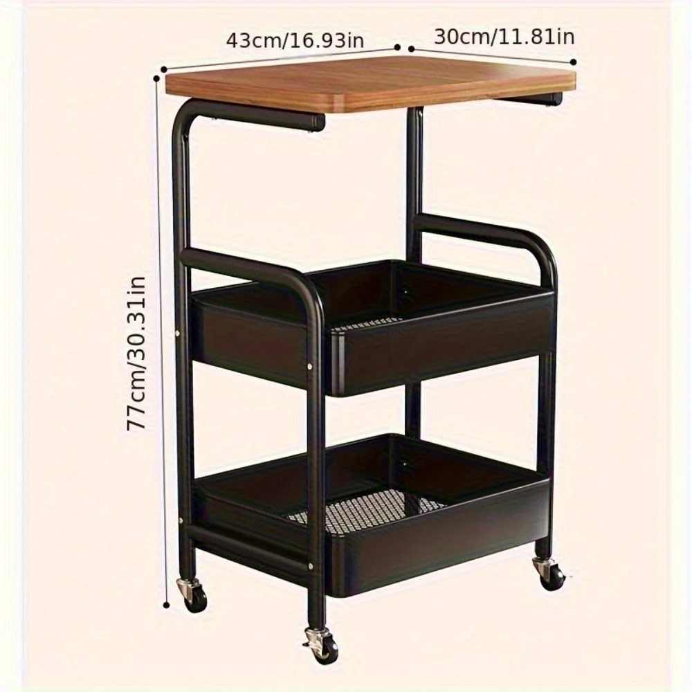 Metal 3-Tier Kitchen Island Cart with Tabletop Storage Snack Rack Durable Steel Frame Rolling Wheels thumbnail 4