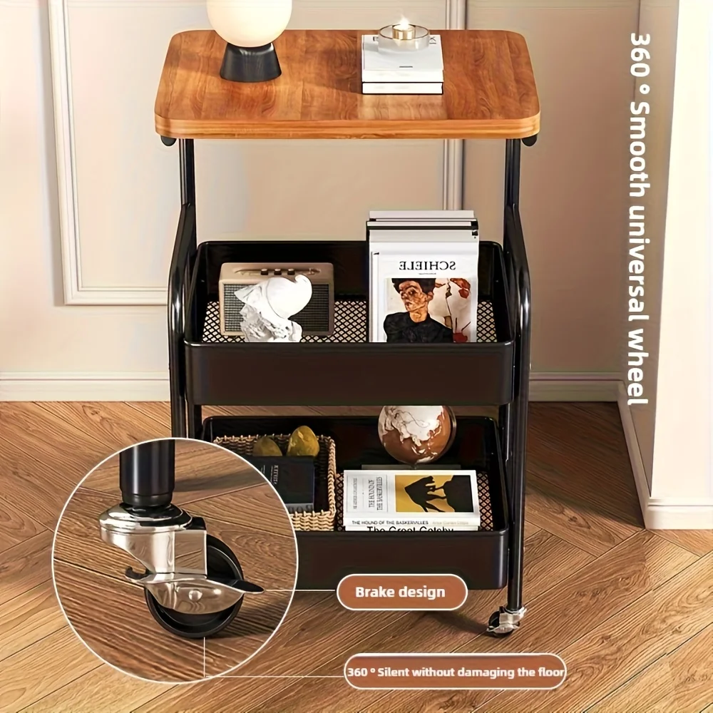 Metal 3-Tier Kitchen Island Cart with Tabletop Storage Snack Rack Durable Steel Frame Rolling Wheels thumbnail 5