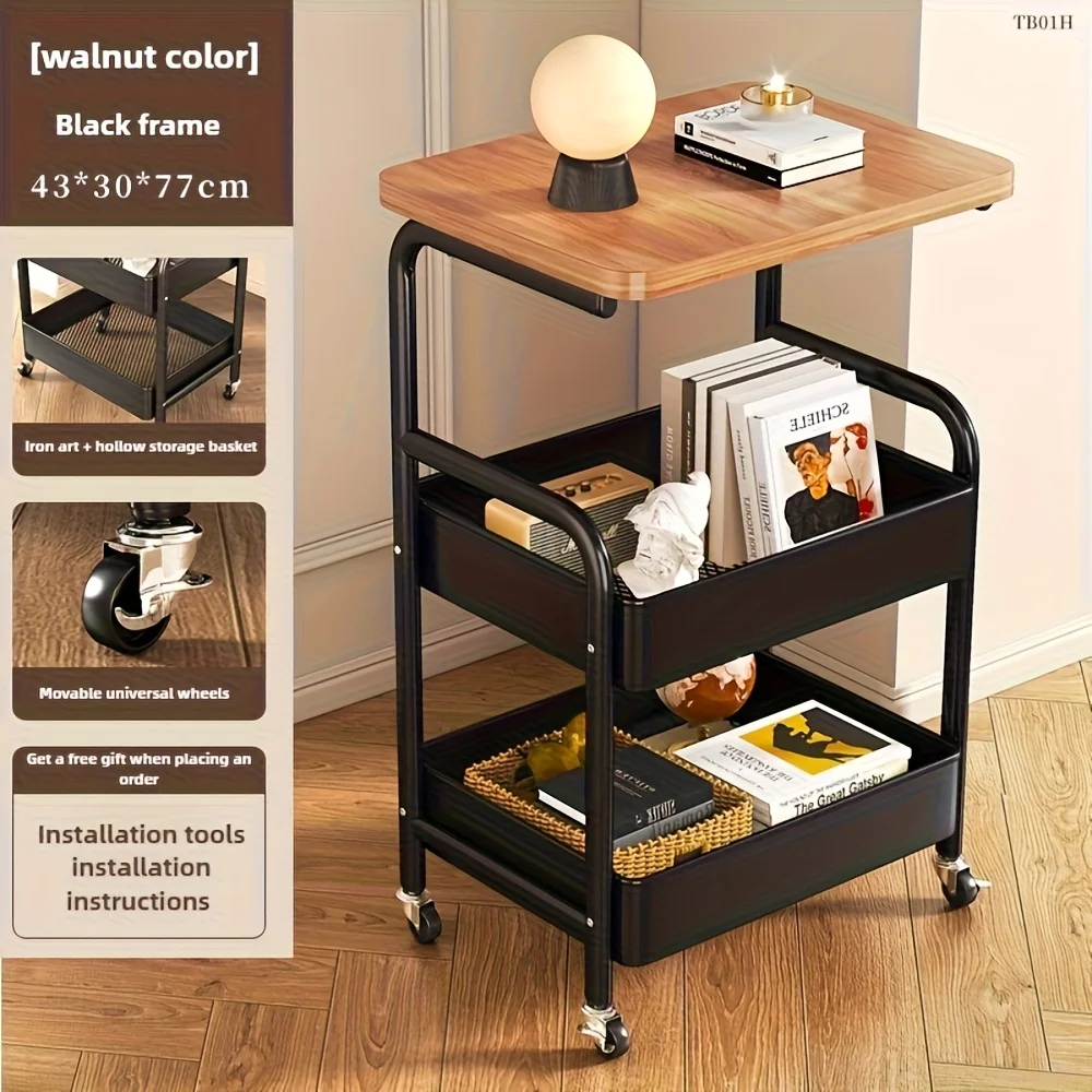 Metal 3-Tier Kitchen Island Cart with Tabletop Storage Snack Rack Durable Steel Frame Rolling Wheels thumbnail 2
