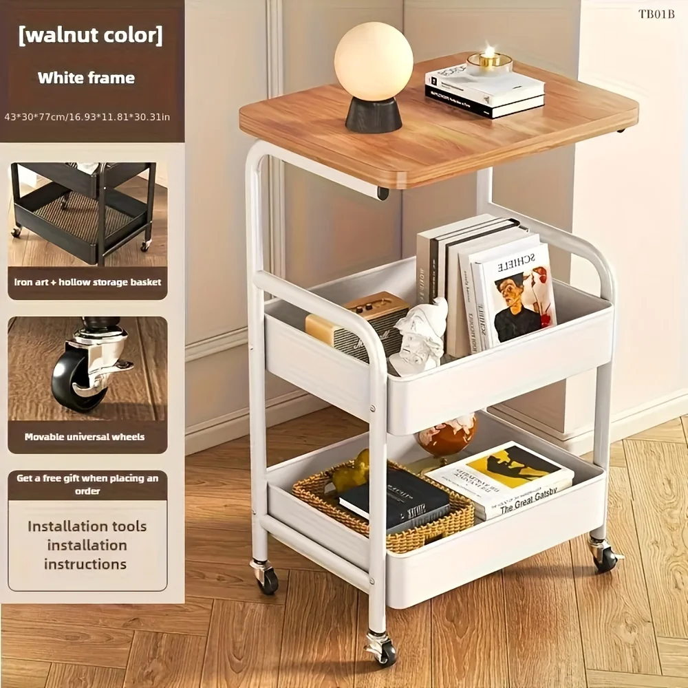 Metal 3-Tier Kitchen Island Cart with Tabletop Storage Snack Rack Durable Steel Frame Rolling Wheels thumbnail 3