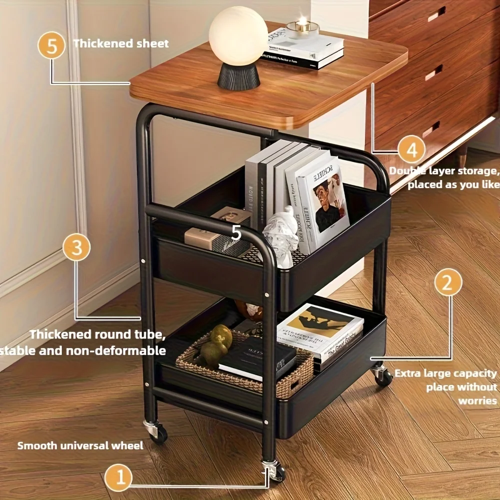 Metal 3-Tier Kitchen Island Cart with Tabletop Storage Snack Rack Durable Steel Frame Rolling Wheels thumbnail 6