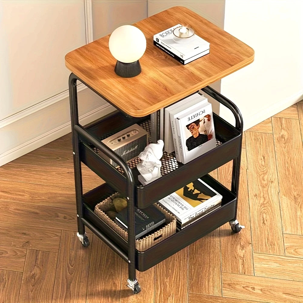 Metal 3-Tier Kitchen Island Cart with Tabletop Storage Snack Rack Durable Steel Frame Rolling Wheels
