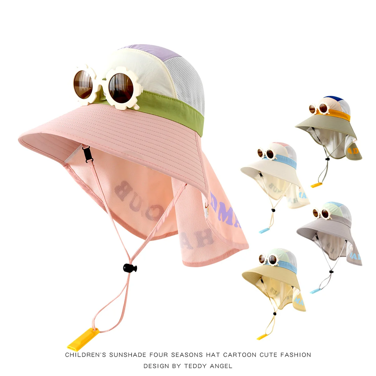 4-8 Years Old Children's Hat Cartoon with Sunglasses Whistle Fisherman Hat for Summer Boy Girl Outdoor Shawl Sunscreen Shade Hat