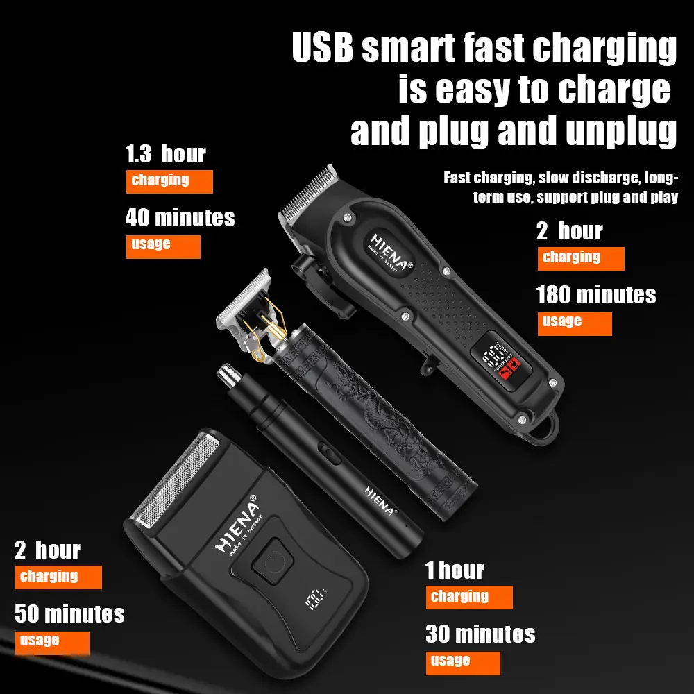 HIENA 4-in-1 Men's Grooming Kit Cordless Hair Clipper, Trimmer, Foil Shaver & Nose Trimmer USB Rechargeable LCD Display thumbnail 3