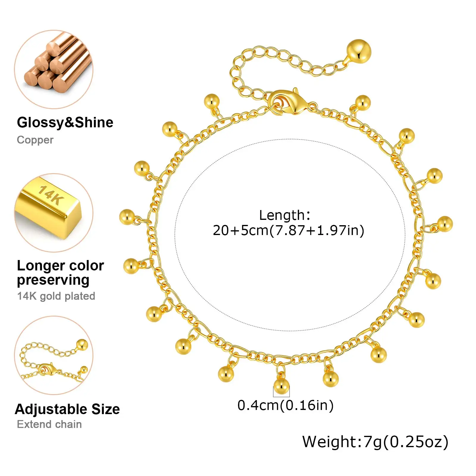 Fashion Bohemia Beads Pendant Anklets for Women, Gold Color Adjustable Think Link Chain Ankle Bracelet, Jewelry On Foot thumbnail 6