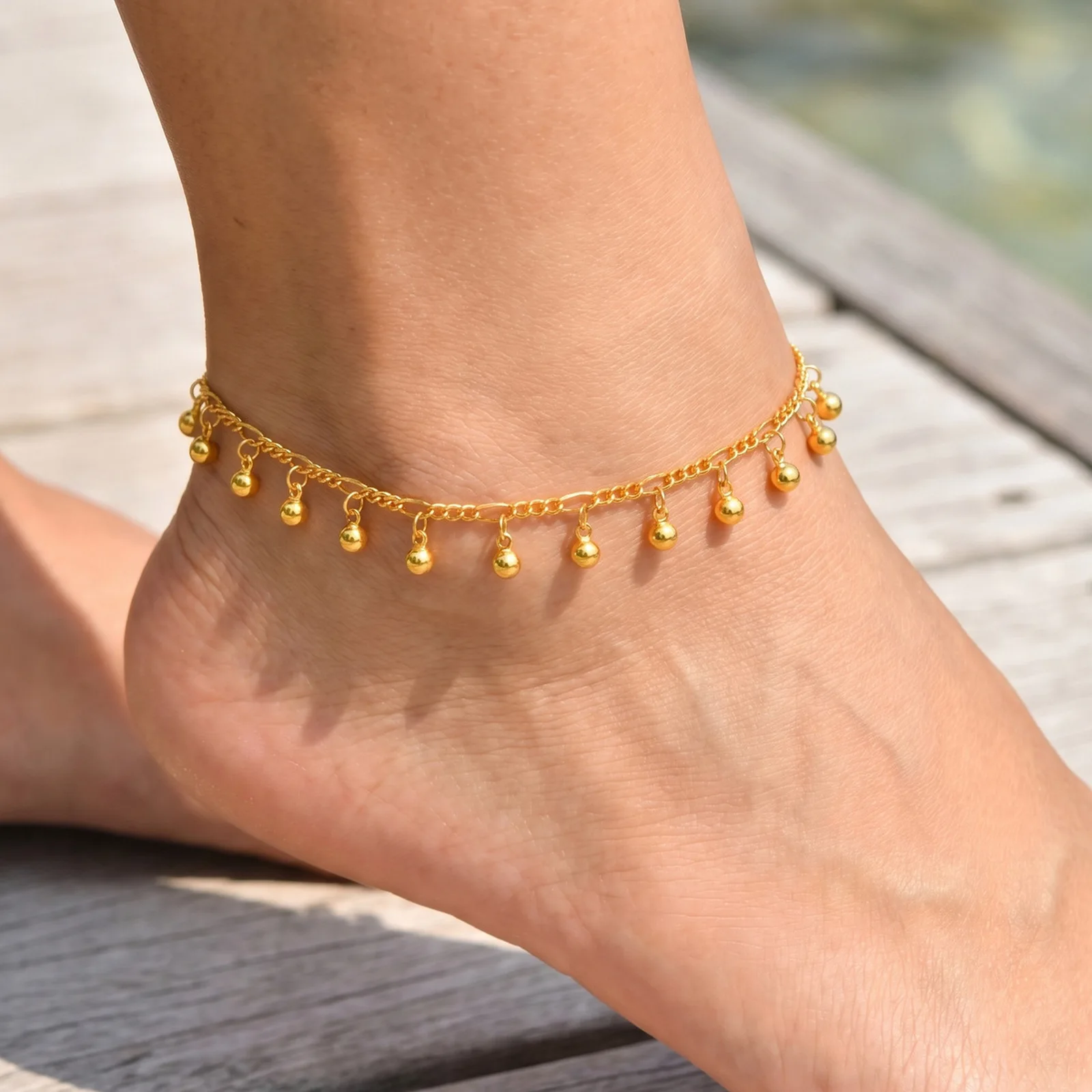 Fashion Bohemia Beads Pendant Anklets for Women, Gold Color Adjustable Think Link Chain Ankle Bracelet, Jewelry On Foot thumbnail 5