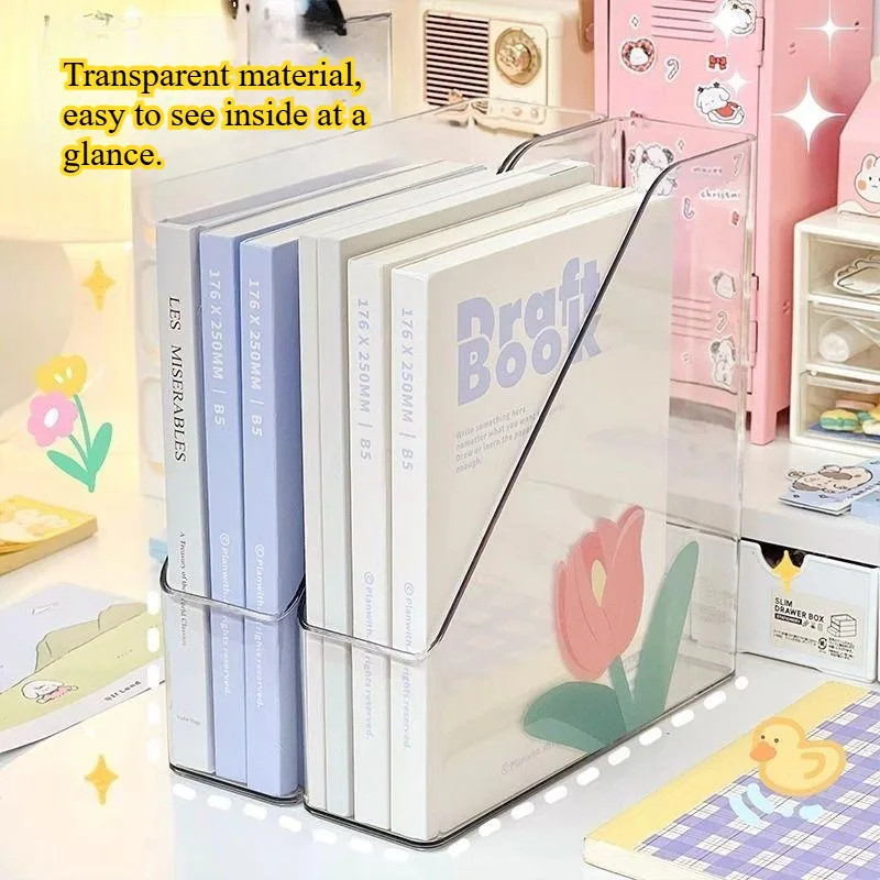 Transparent Desktop Waterproof File Storage Box, Desk & Bookshelf Book Organizer, Acrylic Bookend for Students & Office Use