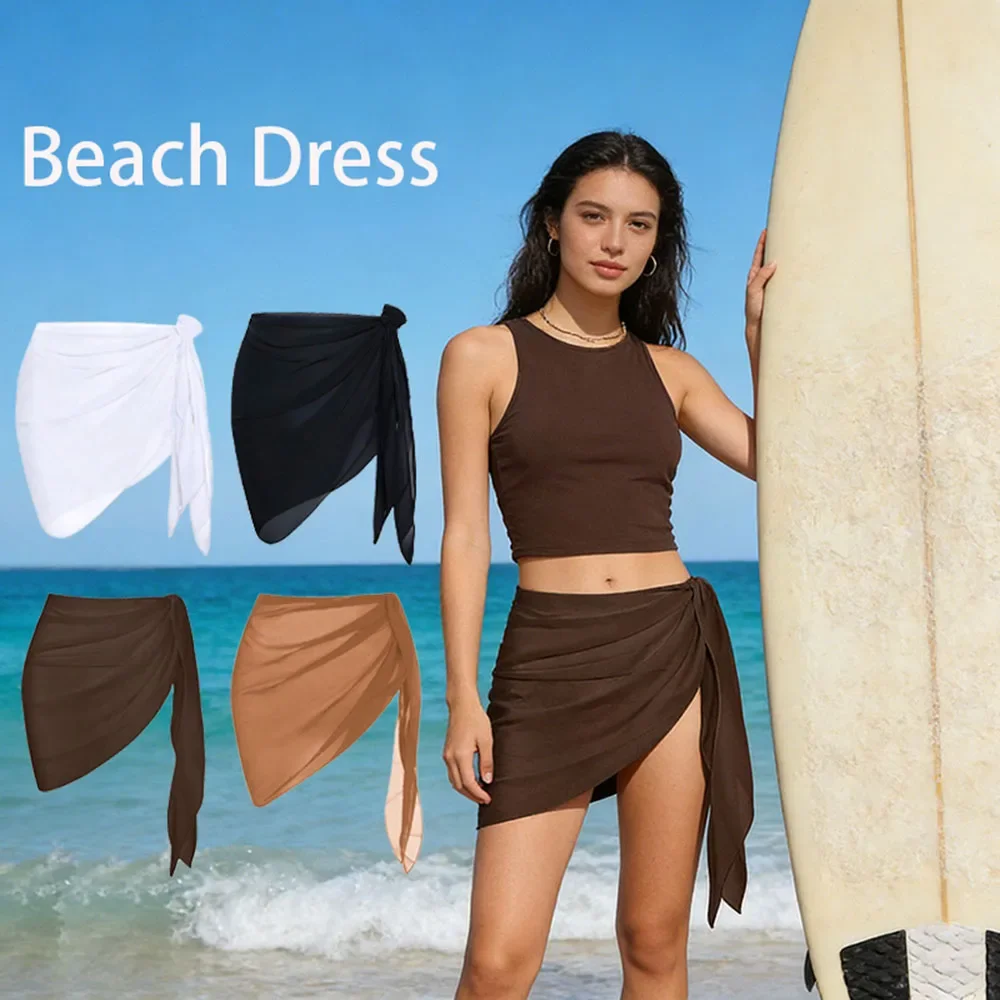 Summer Women Solid Color Short Bikini Wrap Chiffon Skirt Lightweight Scarf Swimsuit Hoodie Beach Swimming Hoodie Skirt