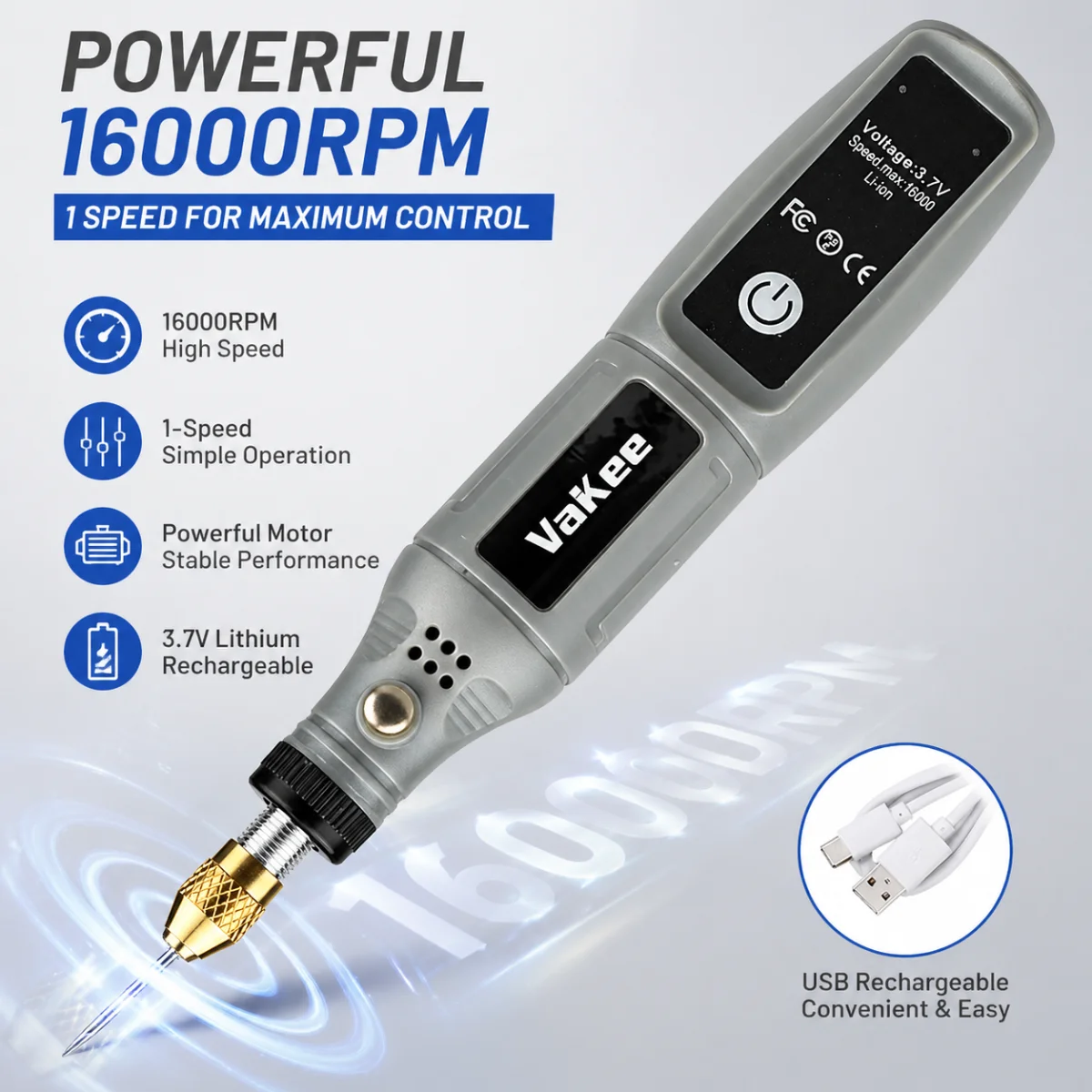 Vakee 16000RPM Rotary Tool, 3.7V USB Rechargeable Mini Grinder Pen, Portable Electric Tool for DIY Craft, Jewelry Makin thumbnail 2
