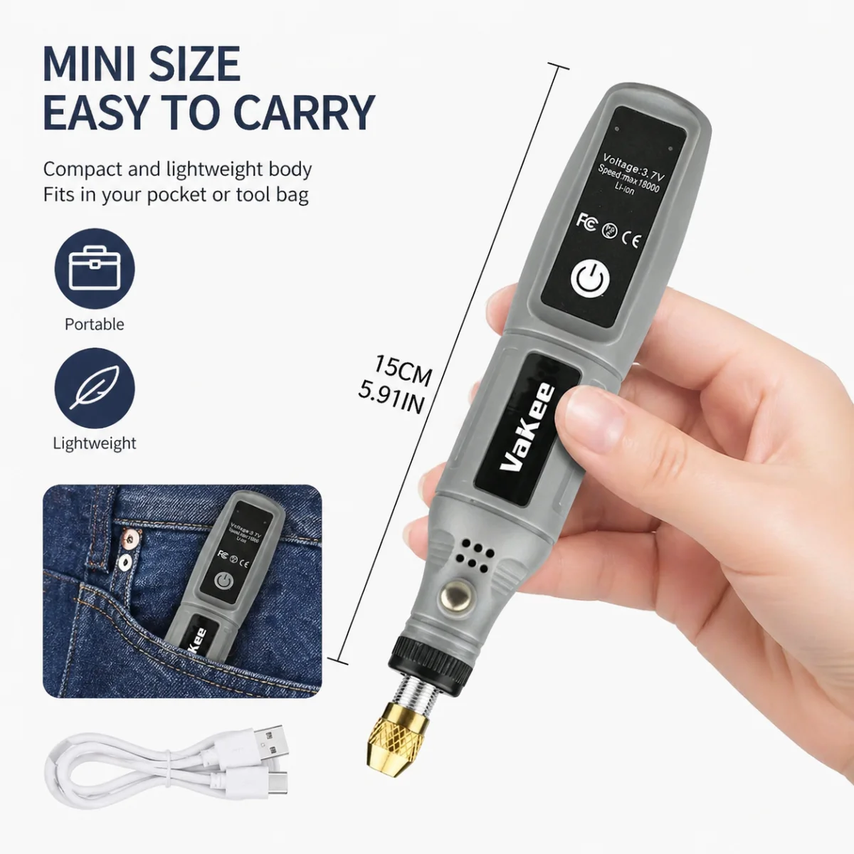 Vakee 16000RPM Rotary Tool, 3.7V USB Rechargeable Mini Grinder Pen, Portable Electric Tool for DIY Craft, Jewelry Makin thumbnail 3