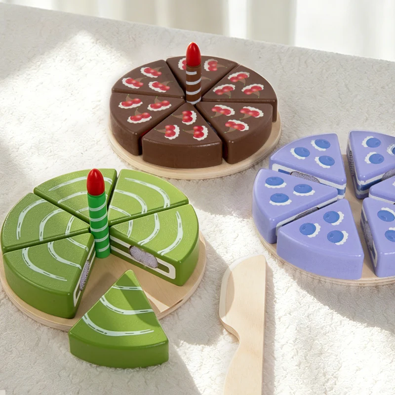 Montessori Kids Play Kitchen Accessories Wooden Birthday Cake Cutting Food Toy Educational Fine Motor Skills Toy