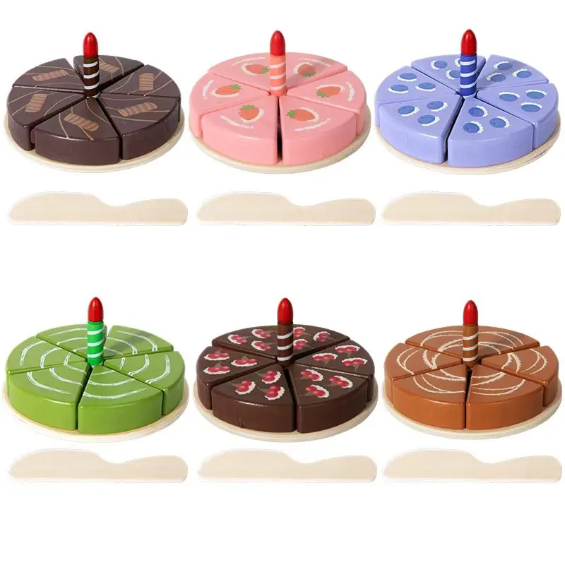 Montessori Kids Play Kitchen Accessories Wooden Birthday Cake Cutting Food Toy Educational Fine Motor Skills Toy thumbnail 6