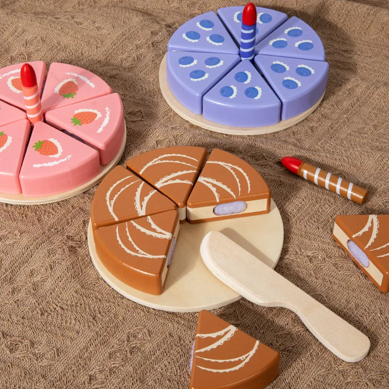 Montessori Kids Play Kitchen Accessories Wooden Birthday Cake Cutting Food Toy Educational Fine Motor Skills Toy thumbnail 5