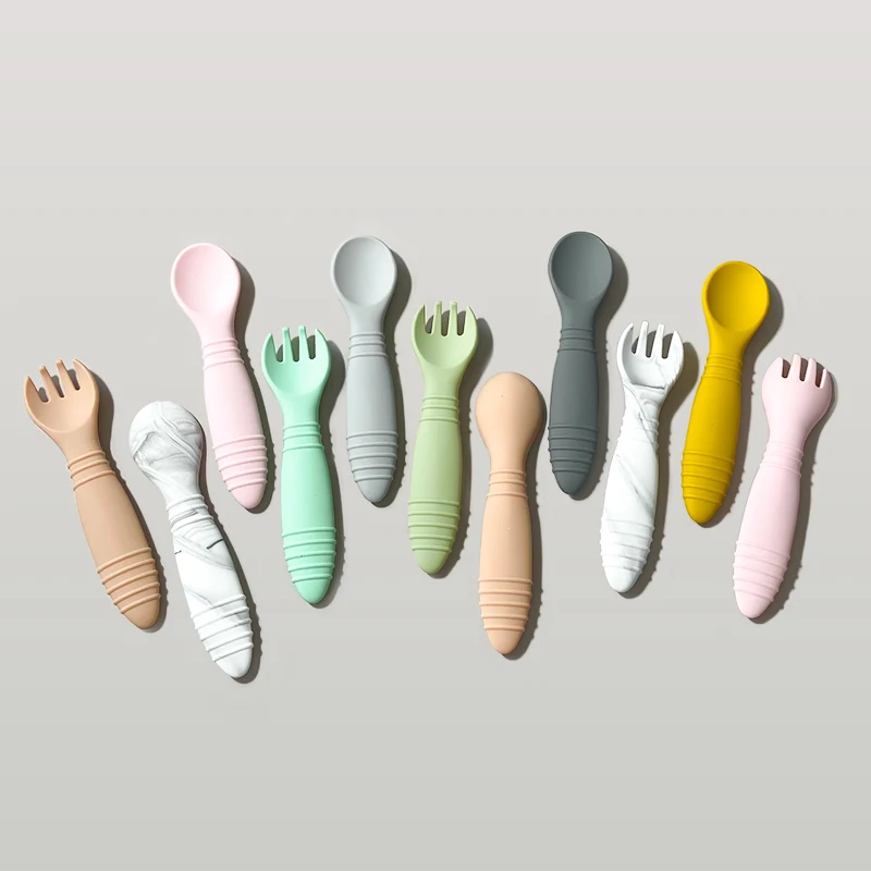 New Design Baby Feeding Solid Food Spoon Fork Set BPA Free Silicone Handle Cartoon Stainless Utensil Children's Tableware thumbnail 3