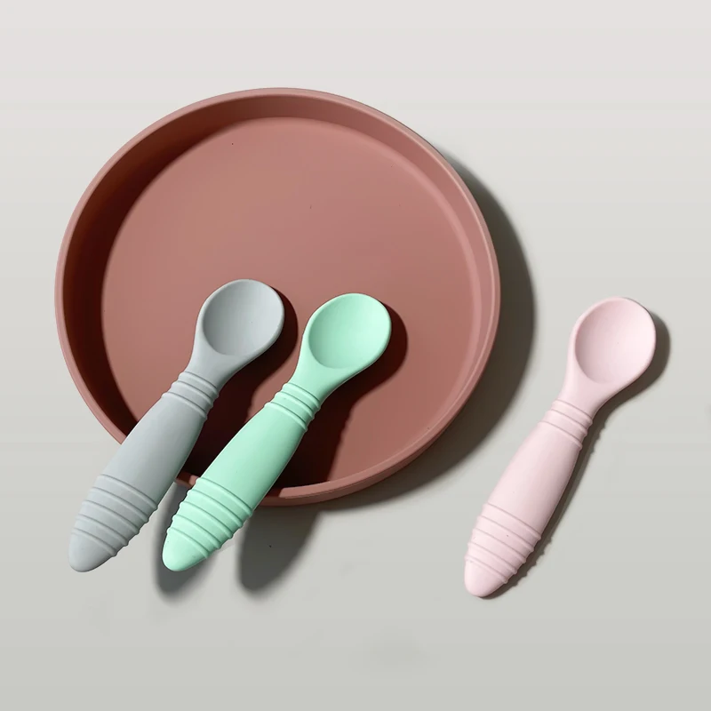 New Design Baby Feeding Solid Food Spoon Fork Set BPA Free Silicone Handle Cartoon Stainless Utensil Children's Tableware thumbnail 4