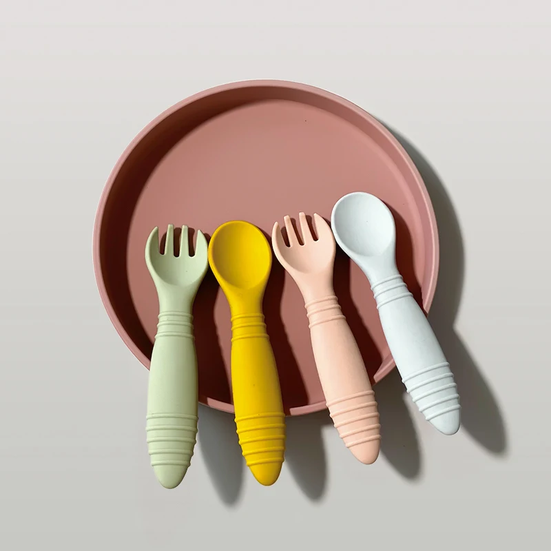 New Design Baby Feeding Solid Food Spoon Fork Set BPA Free Silicone Handle Cartoon Stainless Utensil Children's Tableware thumbnail 2