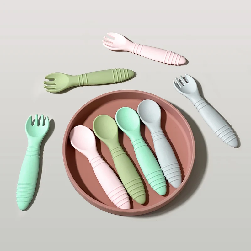 New Design Baby Feeding Solid Food Spoon Fork Set BPA Free Silicone Handle Cartoon Stainless Utensil Children's Tableware thumbnail 5