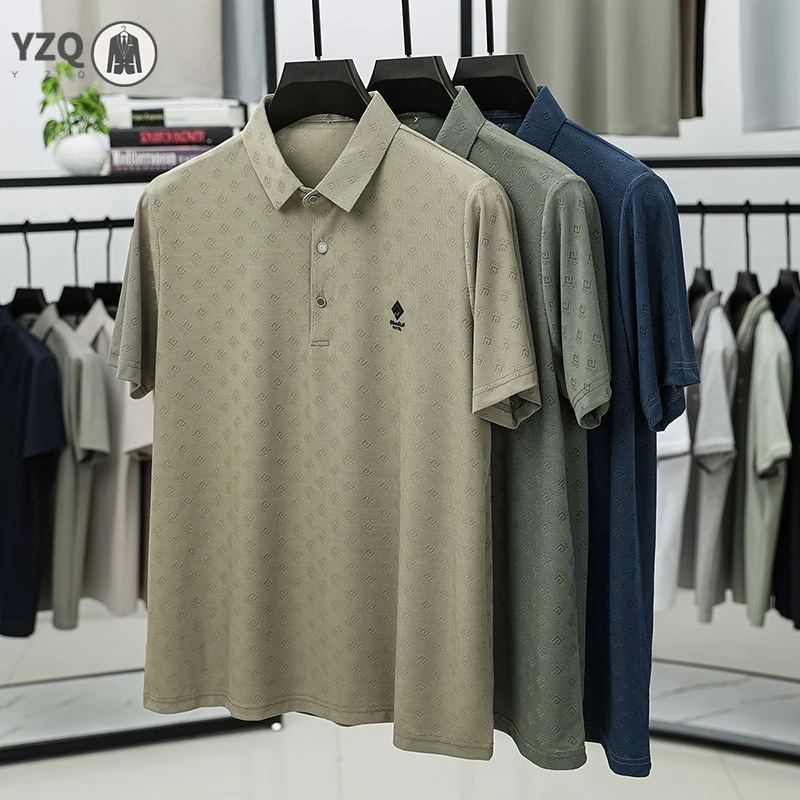 Mens Summer Polo Shirt Short Sleeve Embossed Pattern Quick Dry Breathable Business Office Casual Tops thumbnail 4