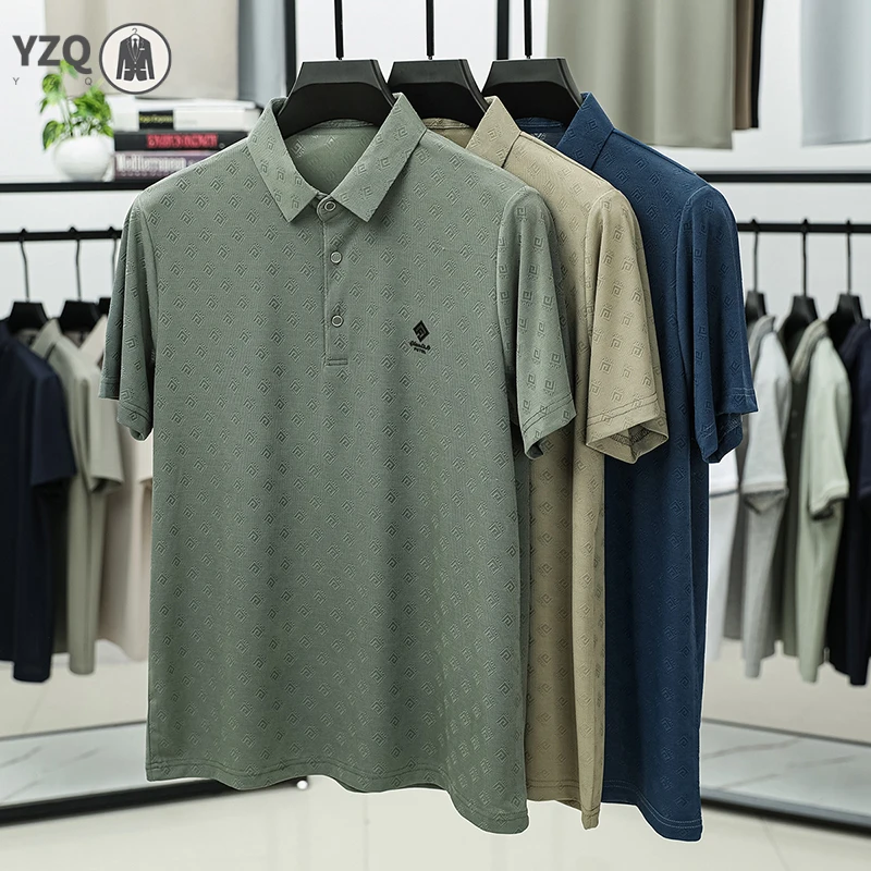 Mens Summer Polo Shirt Short Sleeve Embossed Pattern Quick Dry Breathable Business Office Casual Tops thumbnail 6