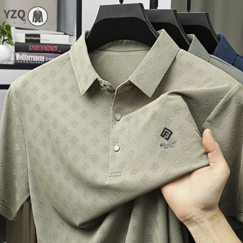Mens Summer Polo Shirt Short Sleeve Embossed Pattern Quick Dry Breathable Business Office Casual Tops thumbnail 3