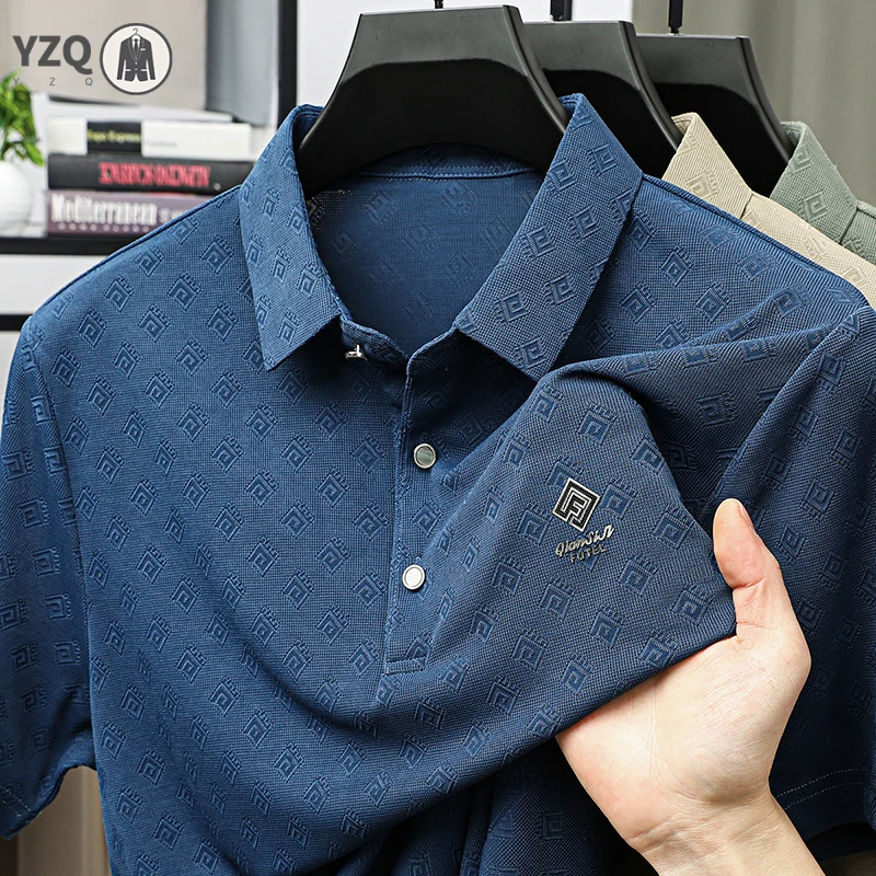 Mens Summer Polo Shirt Short Sleeve Embossed Pattern Quick Dry Breathable Business Office Casual Tops