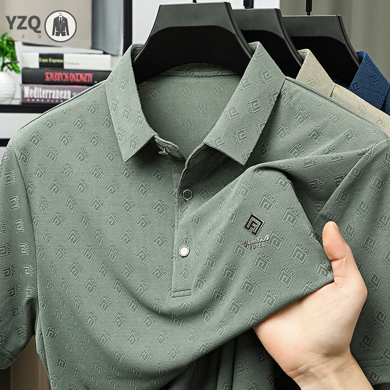 Mens Summer Polo Shirt Short Sleeve Embossed Pattern Quick Dry Breathable Business Office Casual Tops thumbnail 2