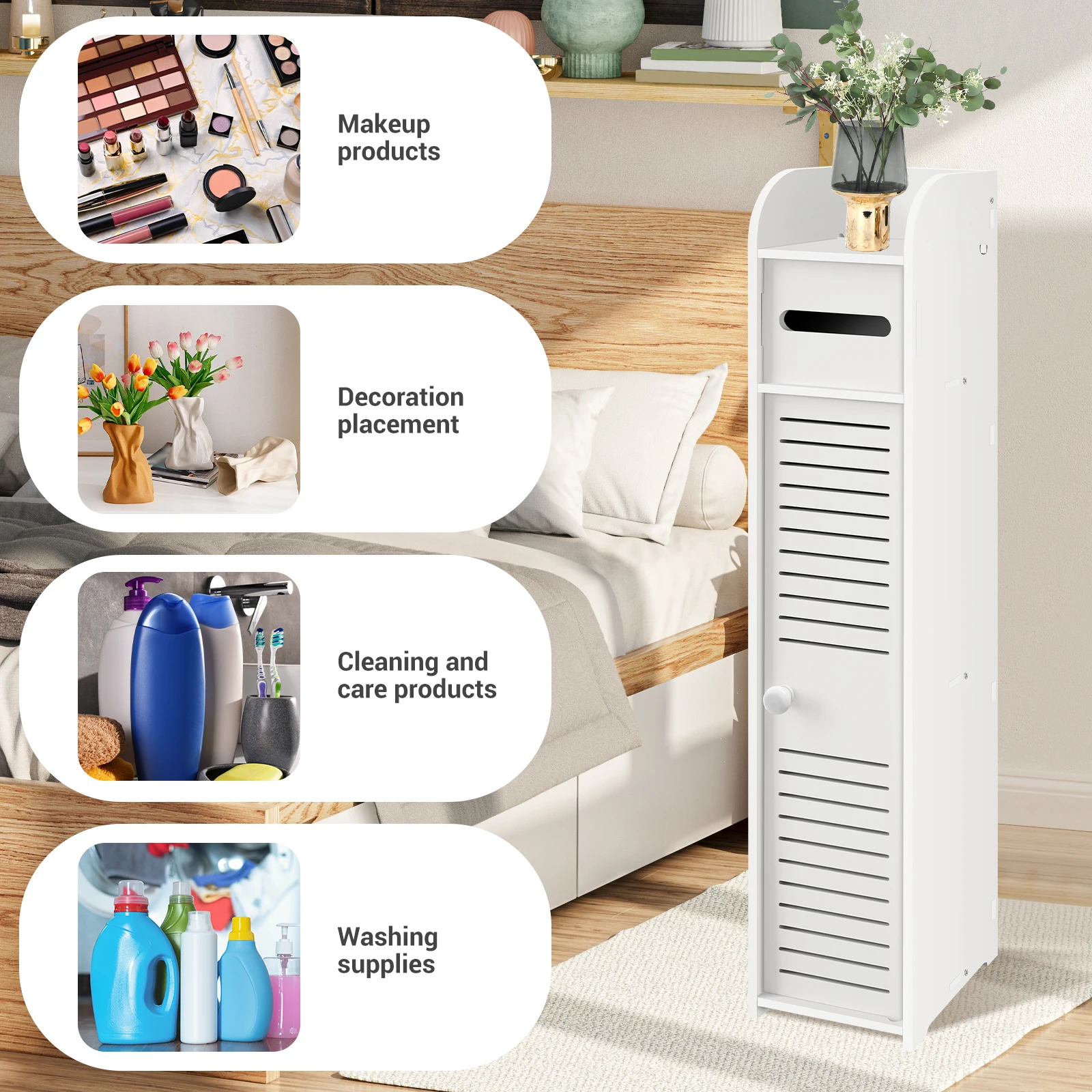 4 Tier Bathroom Cabinet Shelf W6.3''x D6.3''xH32'' Multi-purpose Slim Toilet Free Standing Cupboard Storage Racking for Store thumbnail 5