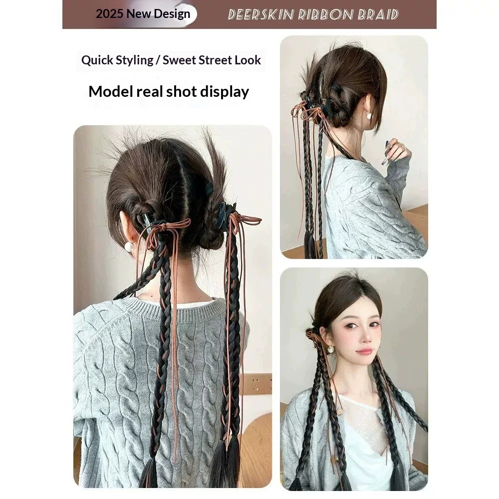 2Pcs Y2K Ribbon Bow Claw Clip Braided Ponytail Synthetic Hairpiece Heat Resistant For Women Daily Party Trendy Hair Accessories thumbnail 3