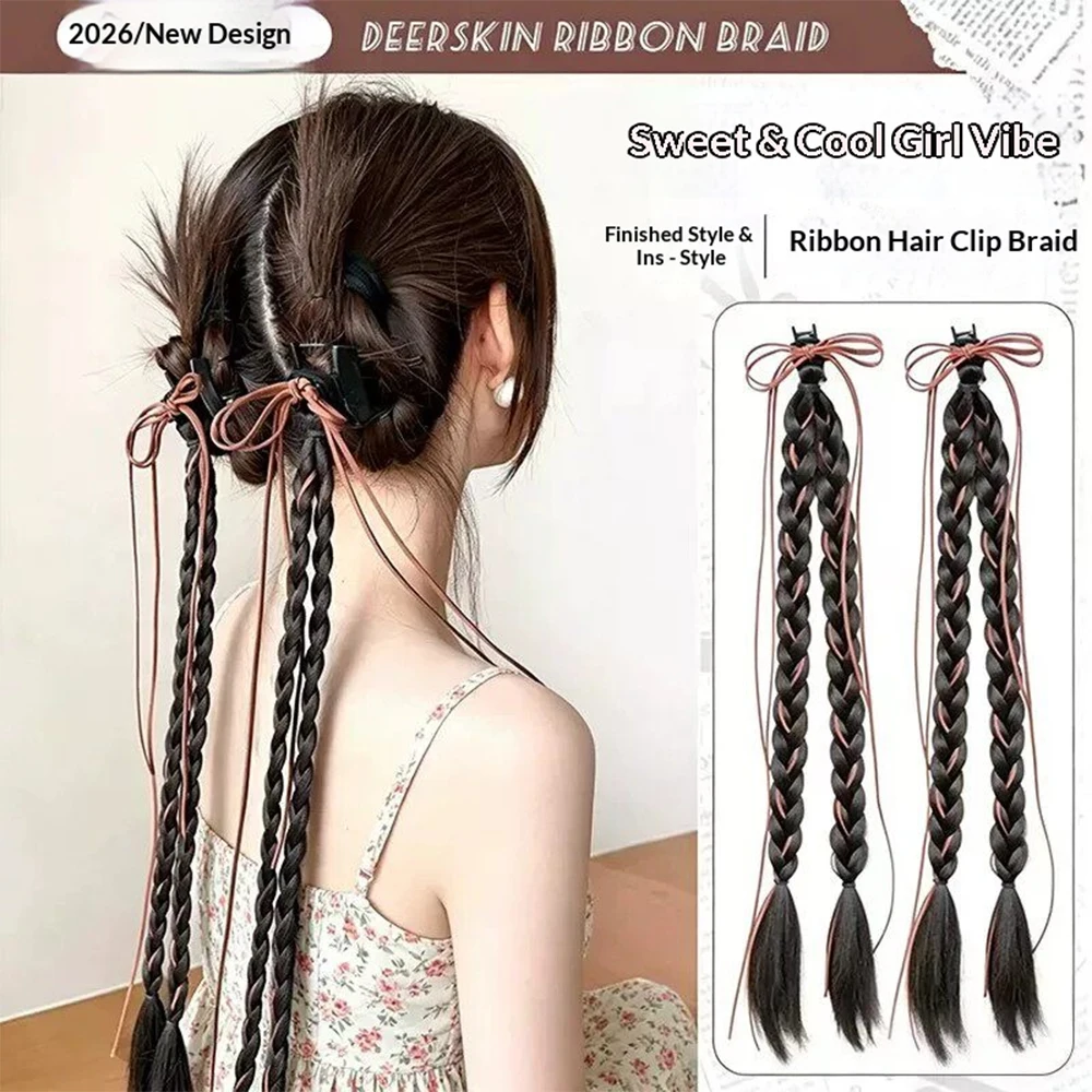 2Pcs Y2K Ribbon Bow Claw Clip Braided Ponytail Synthetic Hairpiece Heat Resistant For Women Daily Party Trendy Hair Accessories thumbnail 4