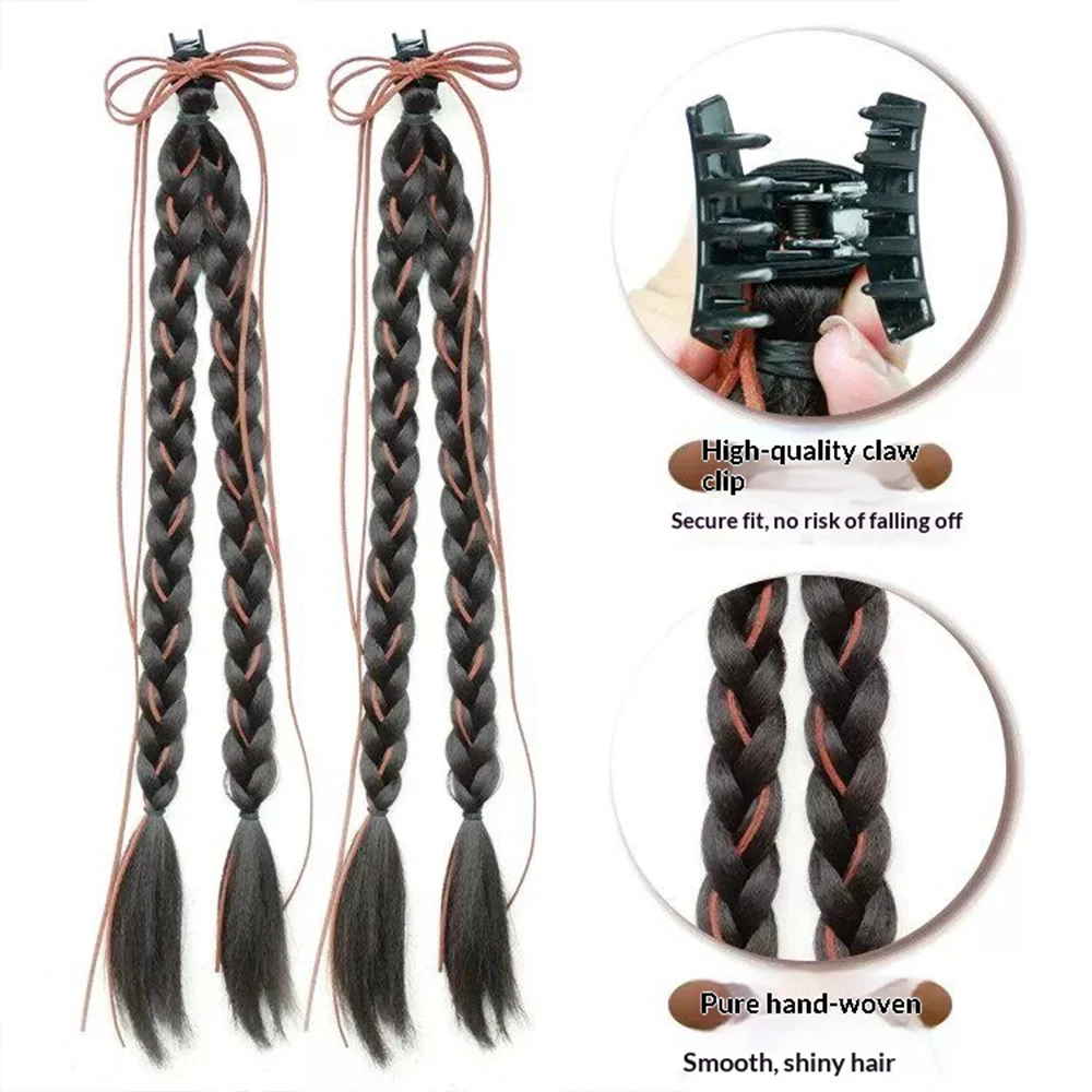 2Pcs Y2K Ribbon Bow Claw Clip Braided Ponytail Synthetic Hairpiece Heat Resistant For Women Daily Party Trendy Hair Accessories thumbnail 2