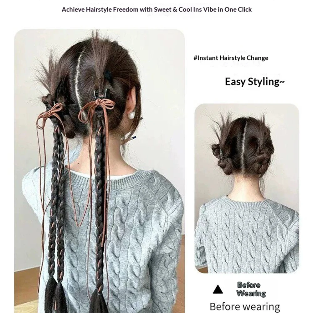 2Pcs Y2K Ribbon Bow Claw Clip Braided Ponytail Synthetic Hairpiece Heat Resistant For Women Daily Party Trendy Hair Accessories thumbnail 6