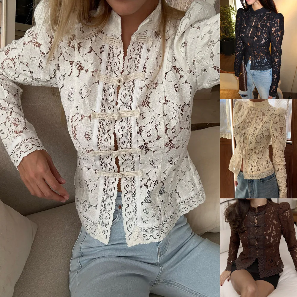 Summer new hot selling European and American fashionable temperament commuting lace hook flower stand collar slim design shirt f thumbnail 2