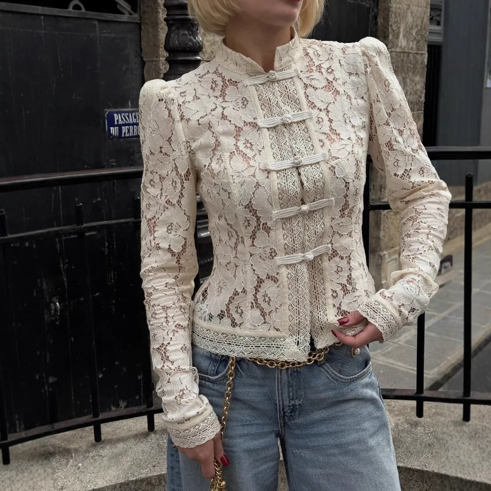 Summer new hot selling European and American fashionable temperament commuting lace hook flower stand collar slim design shirt f