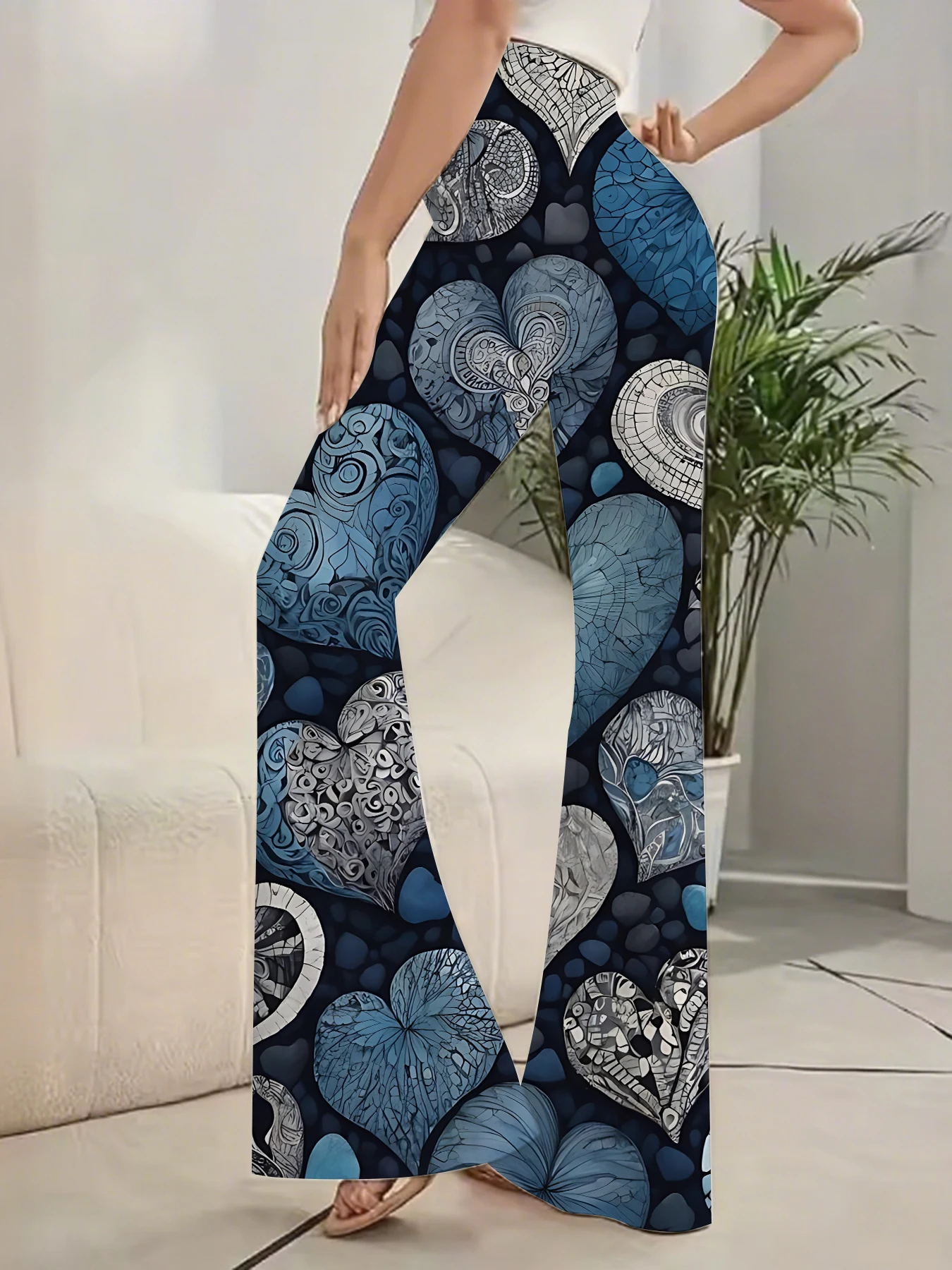 Plus Size All-Over Print Flare Pants Women Stretchy High Waist Bell Bottom thumbnail 2