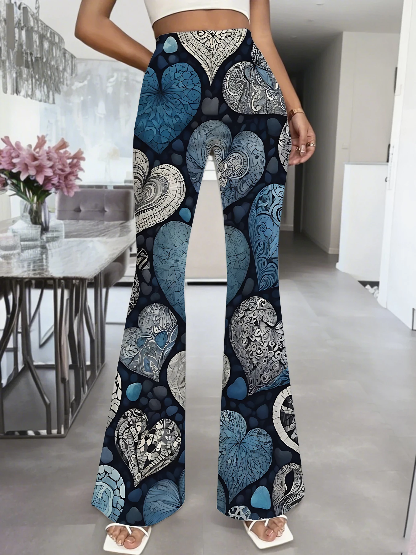Plus Size All-Over Print Flare Pants Women Stretchy High Waist Bell Bottom thumbnail 4