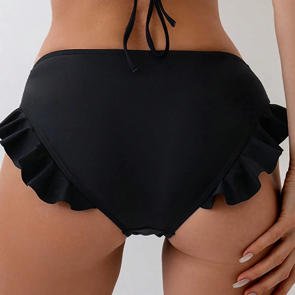 Sexy Solid Color Ruffle Trim Bikini Bottoms Women Tummy Control Design High Waist Triangle Beach Swimwear Shorts Bathing Suit thumbnail 2