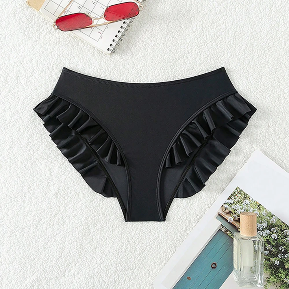 Sexy Solid Color Ruffle Trim Bikini Bottoms Women Tummy Control Design High Waist Triangle Beach Swimwear Shorts Bathing Suit thumbnail 3