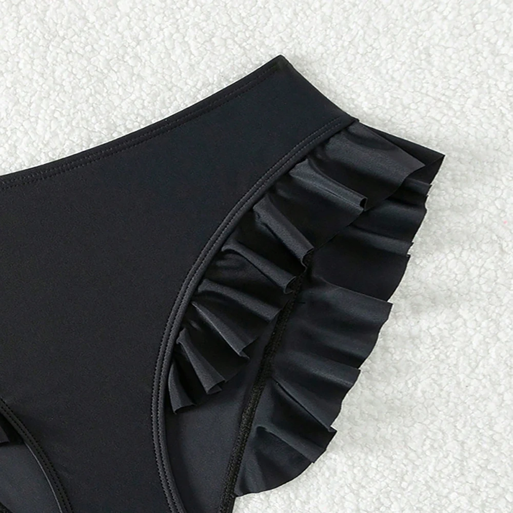 Sexy Solid Color Ruffle Trim Bikini Bottoms Women Tummy Control Design High Waist Triangle Beach Swimwear Shorts Bathing Suit thumbnail 5