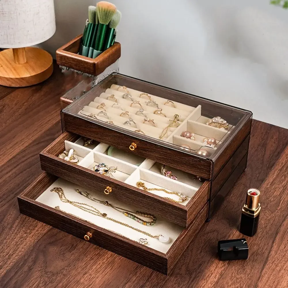 Multi-layer Wooden Jewelry Box Transparent Window Jewelry Storage Case for Ring Necklace Earring Bracelet thumbnail 3